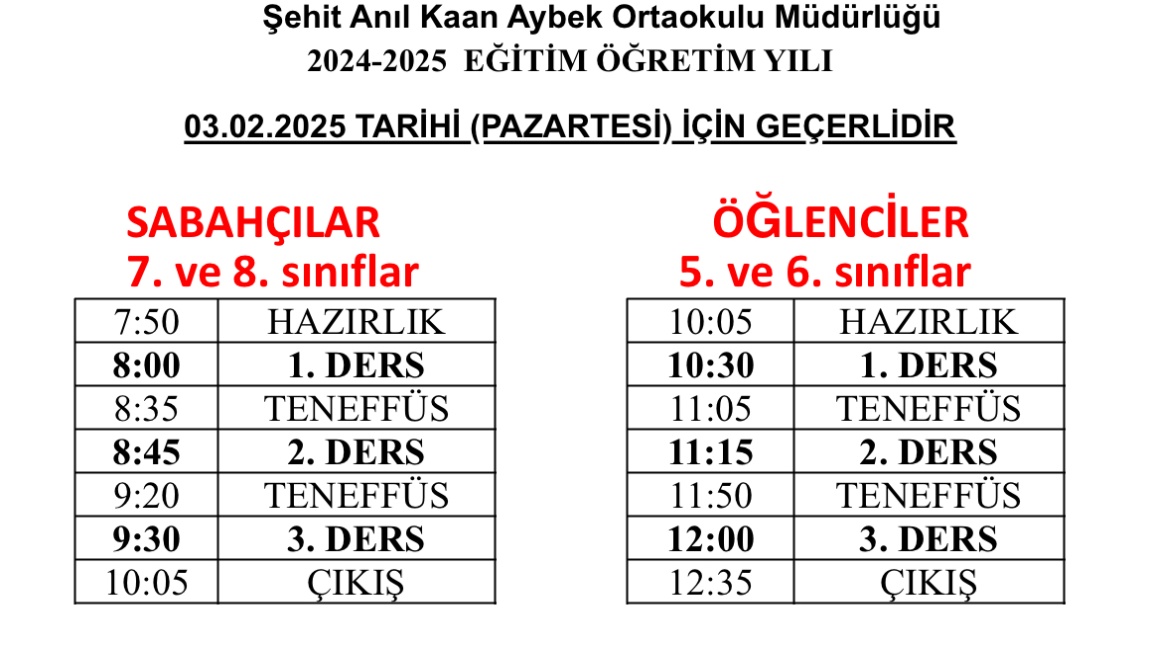 03.02.2025 Tarihi İçin Geçerli Olan Zaman Çizelgesi