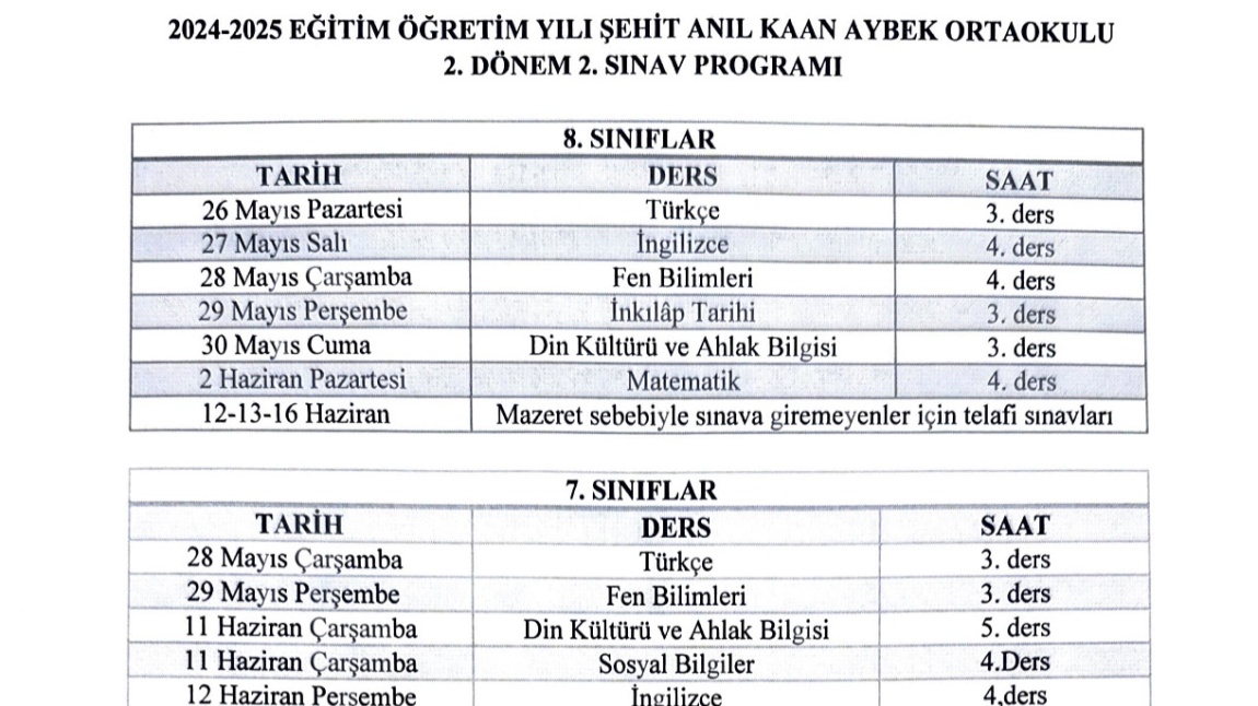 2024-2025 Eğitim Öğretim Yılı 2. Dönem 2. Sınav Tarihleri